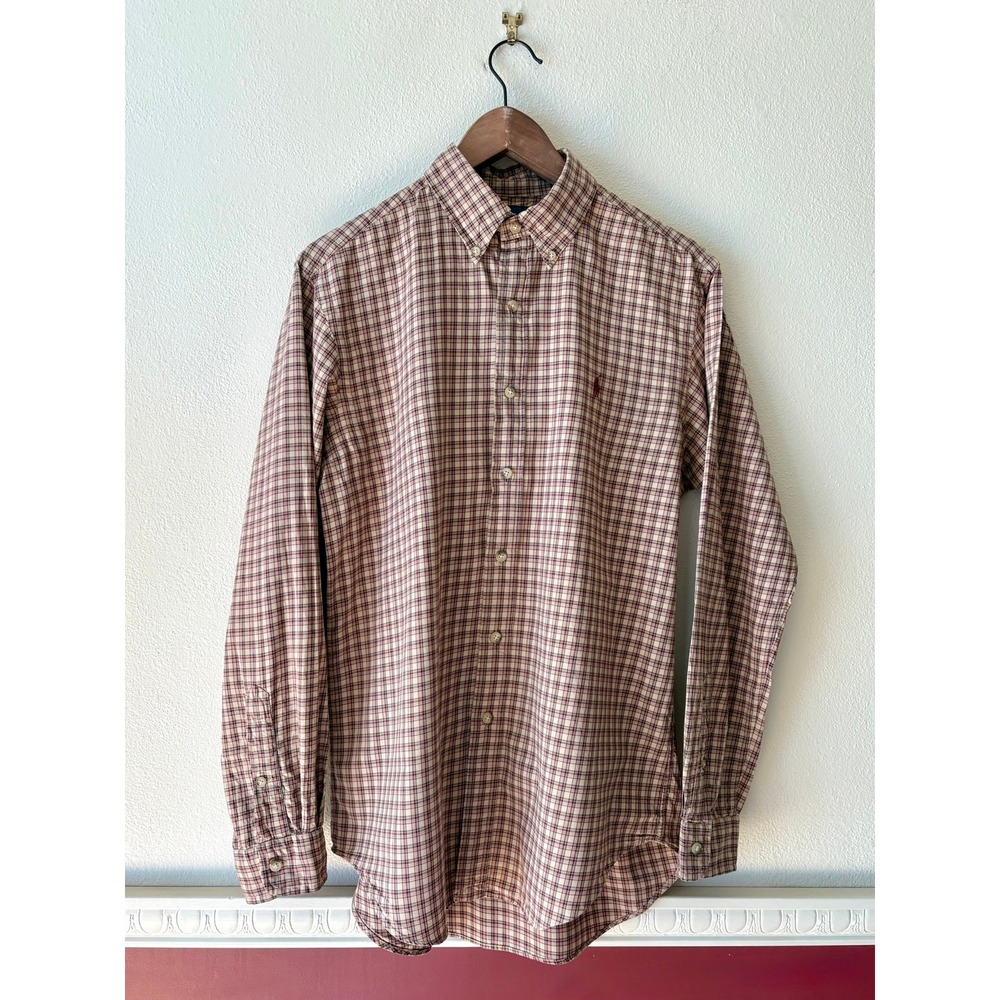 Vintage Polo Ralph Lauren Classic Fit Plaid Button Down Shirt Tan Burgundy Sz M